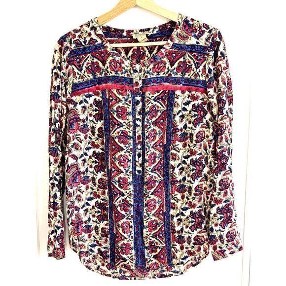 Lucky Brand Beautiful Boho Style Long Sleeve Floral Peasant Top Sz Medium EUC - Picture 1 of 7